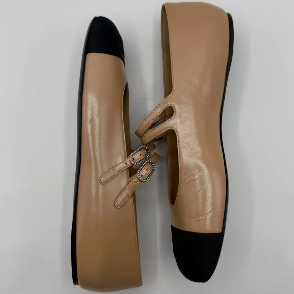 NEW NIB Chanel Beige Black Bicolor CC logo Cap Toe Mary Jane Buckle Ballet Flats - Picture 5 of 13